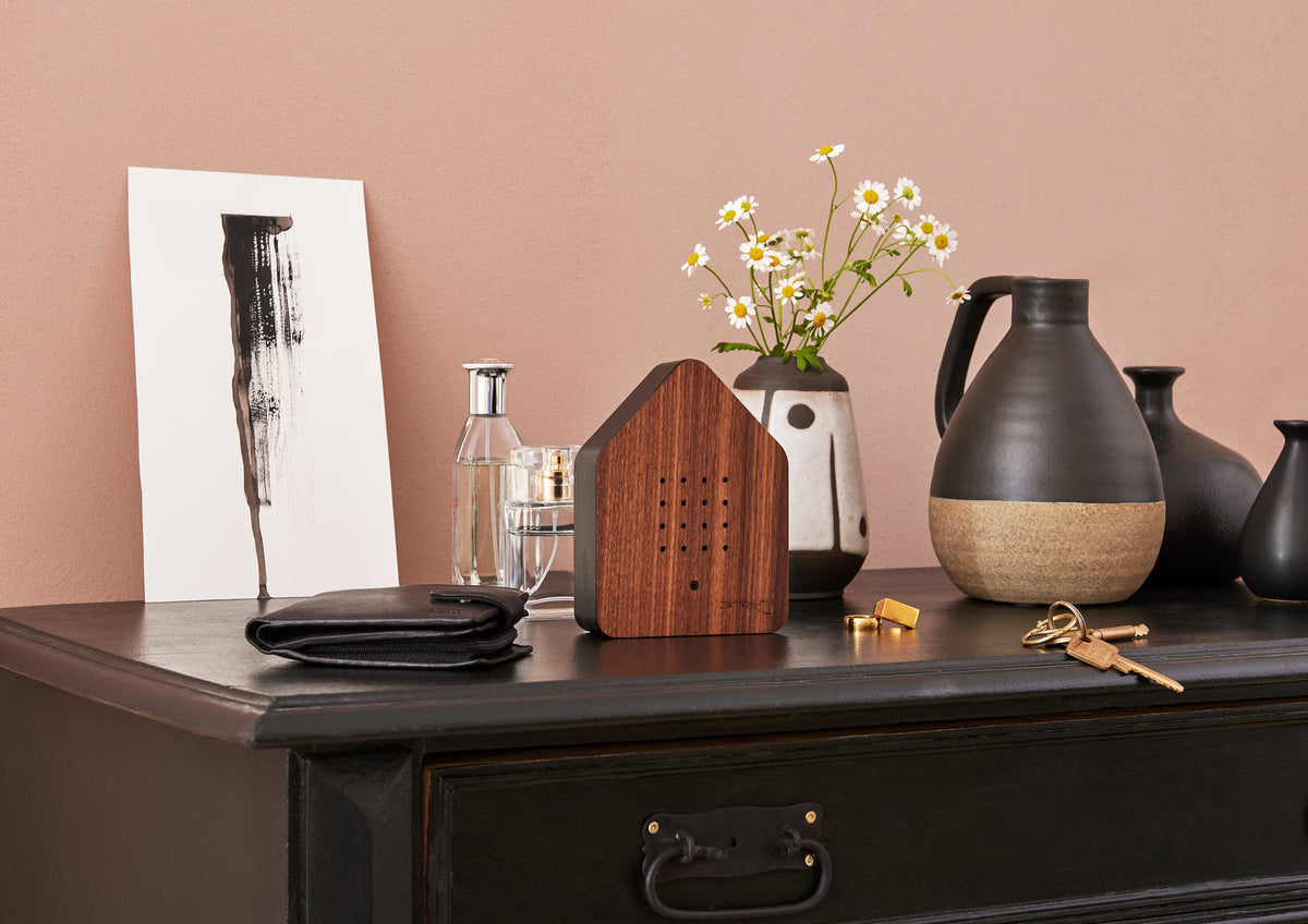 Walnut Original Relaxound sound box on a dresser beside ceramic vases